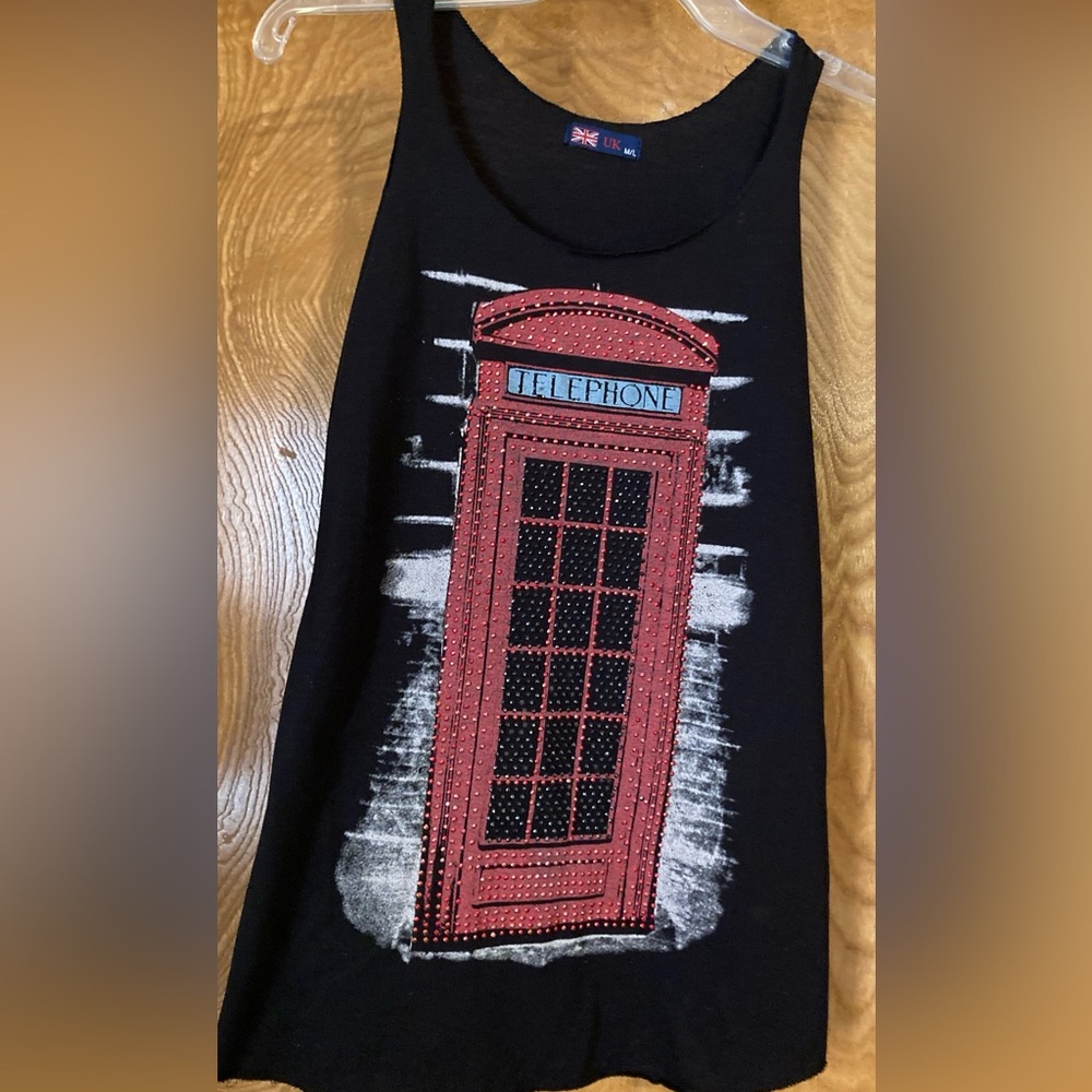 UK ladies tank with phone booth beaded graphic